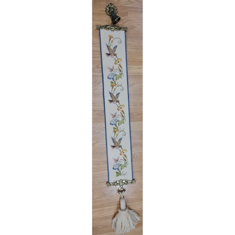 VTG Needlepoint Tapestry Humminbirds/Butterflies Bell Pull Brass Hanger